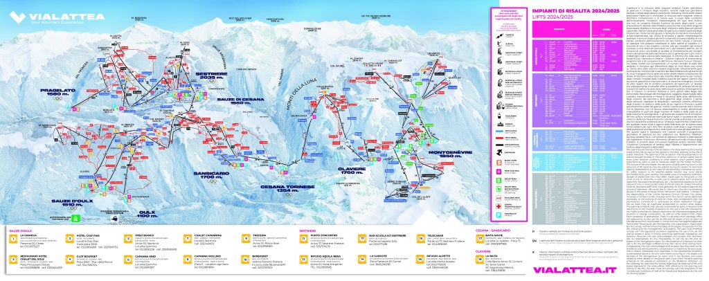 Via Lattea Piste Map - Sauze d'Oulx, Sestriere, San Sicario, Claviere, Montgenèvre. Ski Holiday, Italian Alps Open Pistes Ski Area December onwards