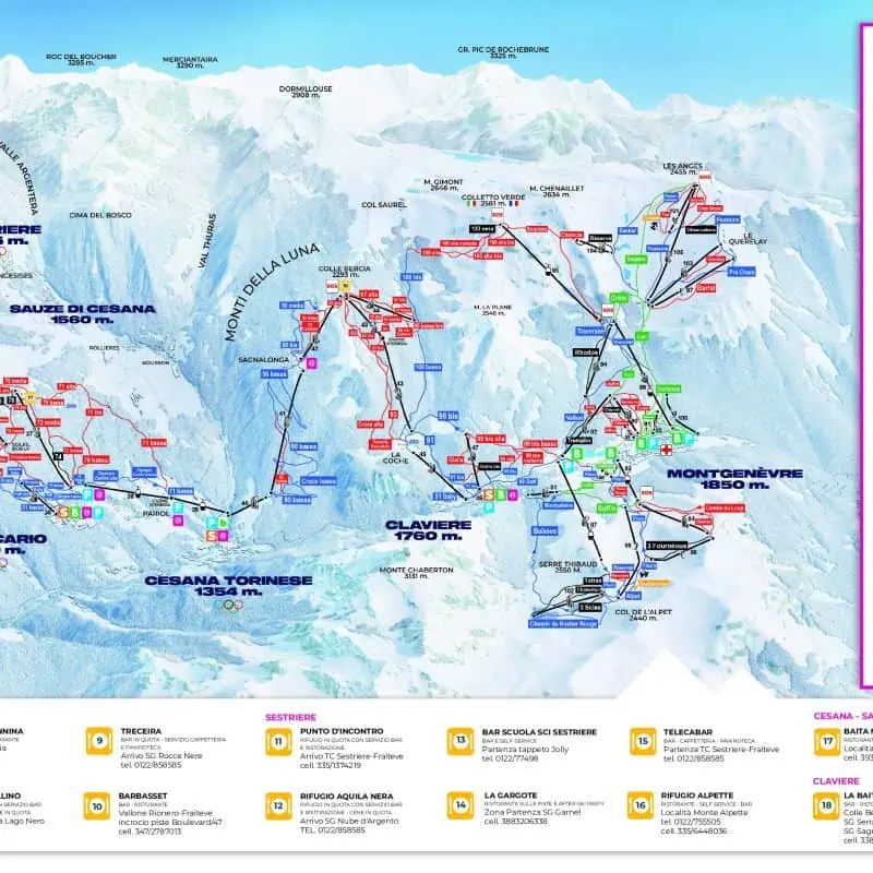 Via Lattea Piste Map - Sauze d'Oulx, Sestriere, San Sicario, Claviere, Montgenèvre. Ski Holiday, Italian Alps Open Pistes Ski Area December onwards