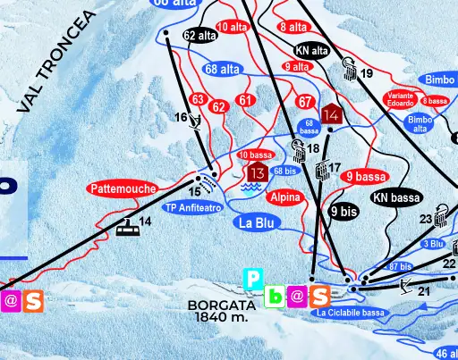 Via Lattea and Sauze d'Oulx piste map. Ski Map for beginners, intermediates and advanced. Focus on Sportinia, Clotes & Jovenceaux chairlifts from ski resort to ski area